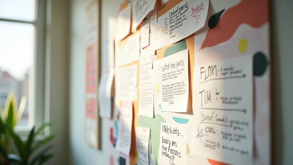 Tableau vision coloré épinglé au mur avec photos, citations inspirantes et dessins représentant des objectifs personnels et professionnels