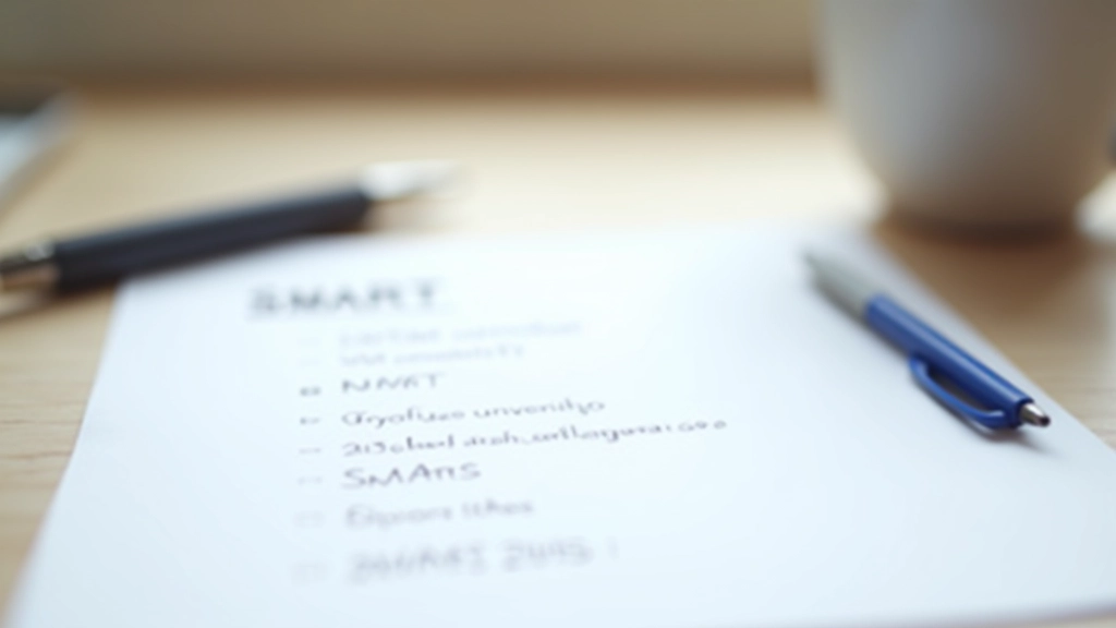 Feuille avec critères SMART remplis, stylo bleu, tasse de café sur table de travail