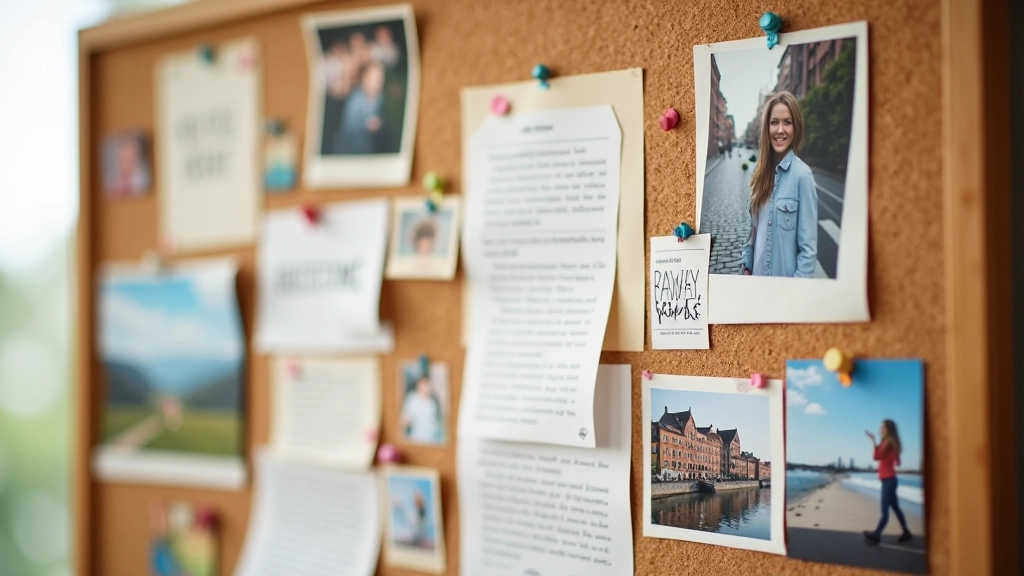 Tableau vision artistique avec images, mots clés découpés et épinglés sur panneau de liège