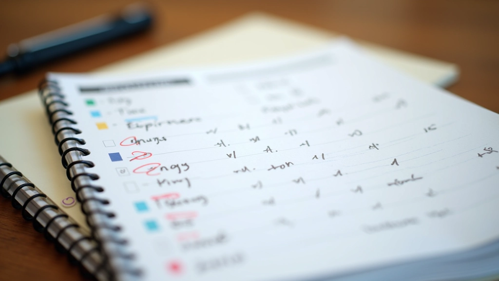 Agenda mensuel ouvert avec cases cochées, notes manuscrites et marqueurs de couleur pour les jalons