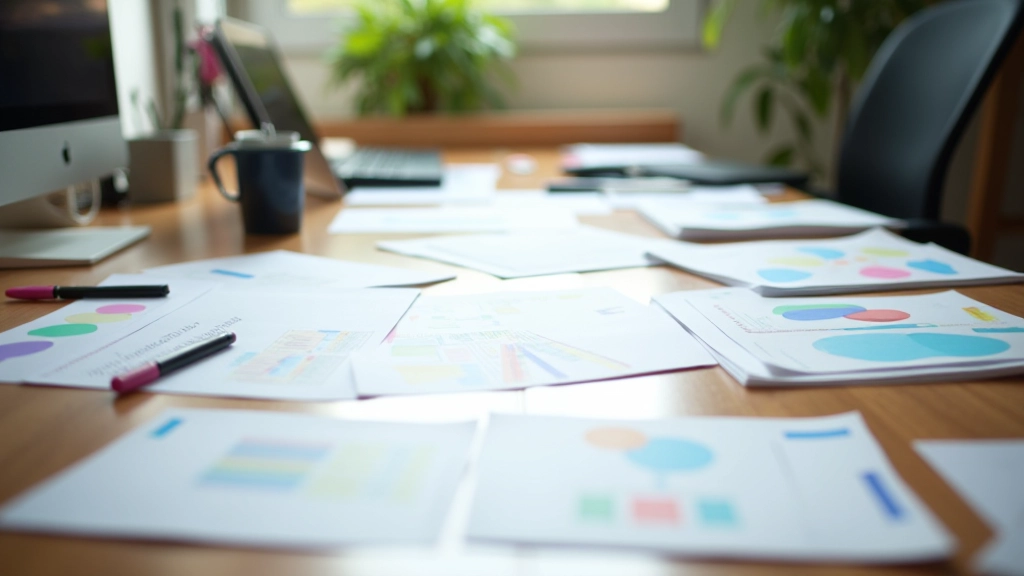 Bureau avec documents colorés, marqueurs, et tableau de vision en arrière-plan, organisation visuelle claire
