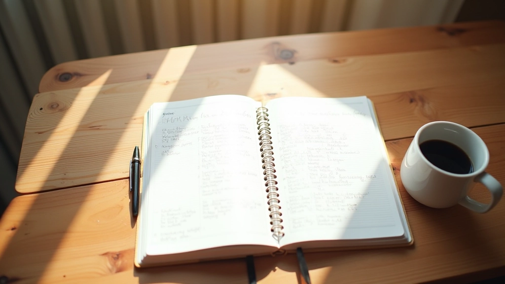 Journal ouvert avec écriture manuscrite de déclaration d'engagement, stylo et café chaud sur table en bois