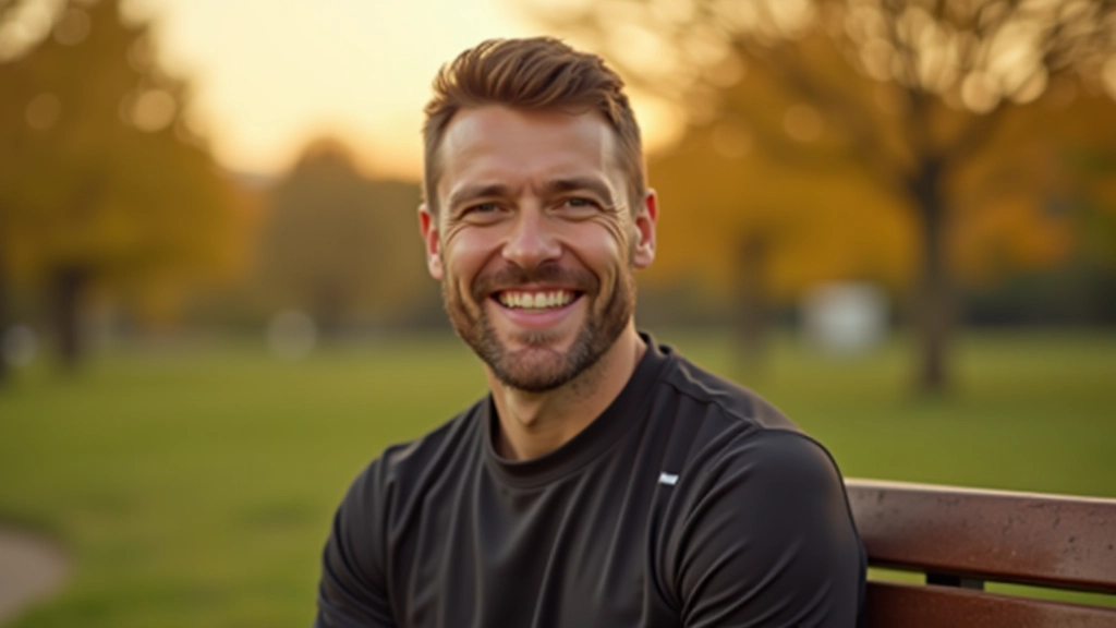 Personne en tenue de sport assise sur banc, sourire confiant, parc en arrière-plan, lumière dorée du soir