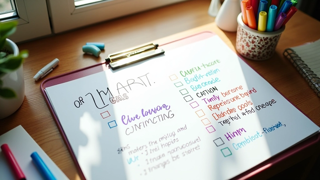 Tableau vision avec objectifs écrits, stylos colorés, et calendrier sur bureau en bois