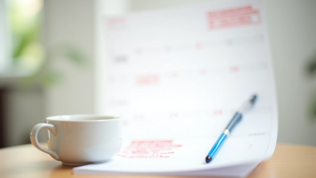 Calendrier mural avec dates marquées au surligneur rouge, stylo bleu posé dessus, tasse de thé