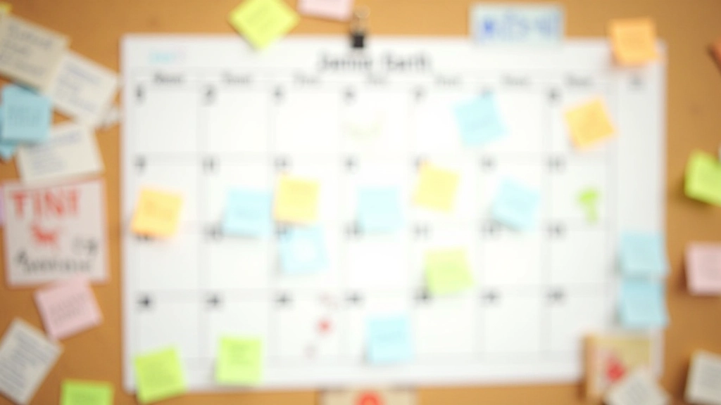 Calendrier mural avec jalons mensuels colorés, notes adhésives et marqueurs