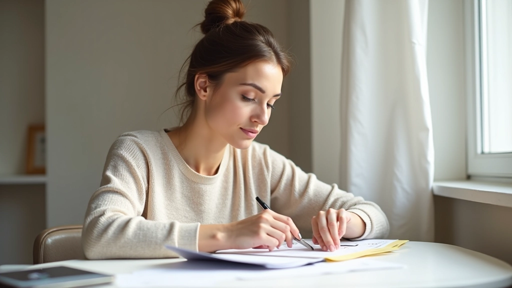 Femme travaillant sur un tableau vision avec des images et des mots clés découpés dans des magazines